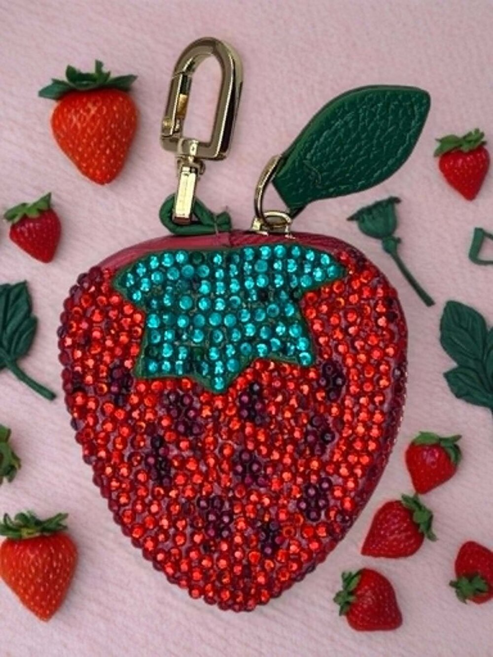 Rhinestone Strawberry Coin Purse Keychain Sparkly Kawaii Bag Charm
